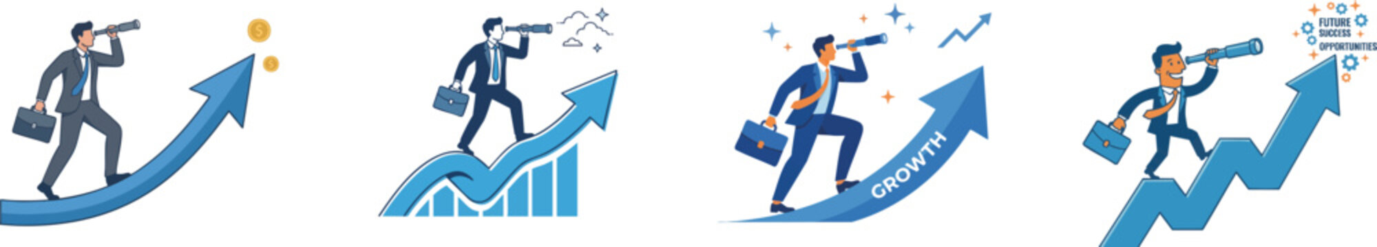Ambitious businessman walking up a rising blue growth arrow while looking through a telescope to find new opportunities and future success. Vector set isolated on white