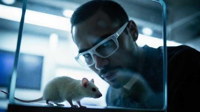 Scientific observation of an albino lab mouse in a modern research facility