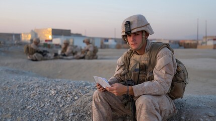 Naklejka premium Reserve training platoon resting on the edge of a gravel industrial lot at midday, helmets off, a single soldier reading a letter from home, others quietly eating field rations, perfect for army