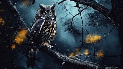 Fototapeta premium Majestic Owl Perched on a Weathered Branch Within a Moonlit, Foggy Blue Forest Scene