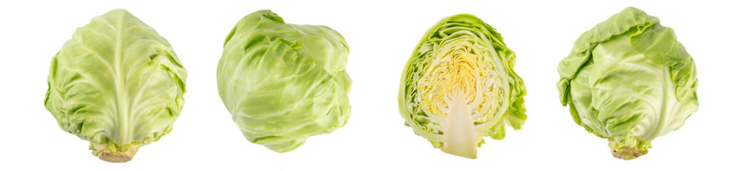 Fototapeta premium Young spring green raw cabbage, whole and cut in half isolated on white background