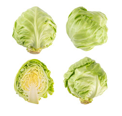 Fototapeta premium Young spring green raw cabbage, whole and cut in half isolated on white background