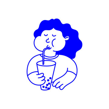 Funny cartoon doodle mascot with bubble tea, vector logo design template and graphic element for advertising, branding, posters,  banners and prints, illustrations