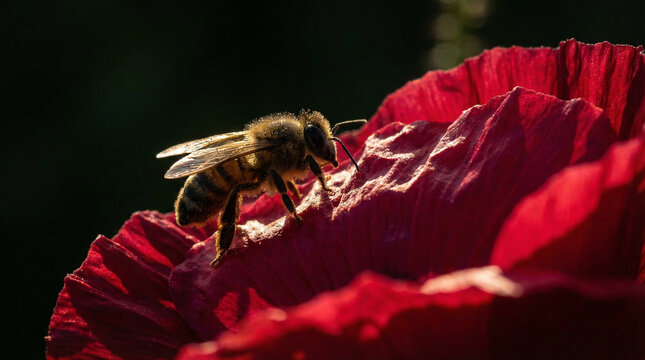 Chiaroscuro Bee on Red Poppy Dramatic Art Photography. Artistic side angle with deep shadows and bright highlights on bee exploring crimson poppy bloom