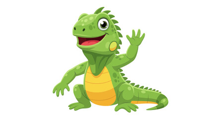 Fototapeta premium Happy cartoon green iguana waving hello, isolated on white background
