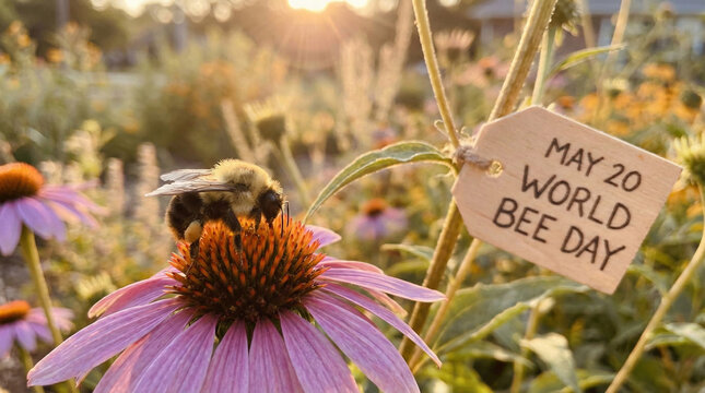 World Bee Day Celebration Honeybee on Wildflower. Warm inviting close-up perfect for May 20th awareness campaigns featuring bee on native wildflower