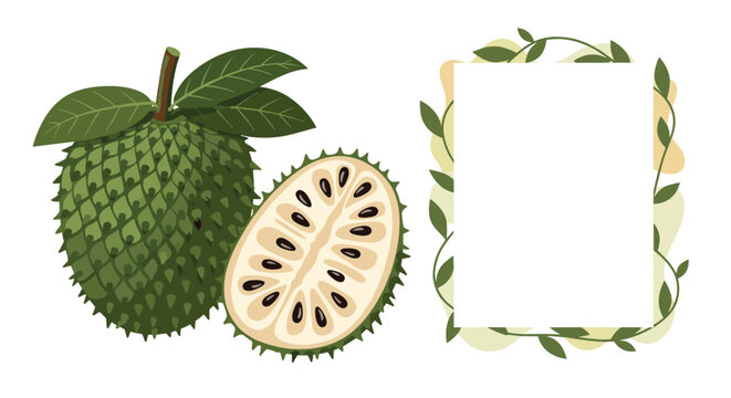 Fresh whole and sliced soursop fruit or guanabana shown next to a decorative leafy frame for tropical food and health concepts.