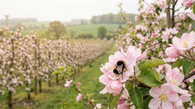 Fresh Spring Bee on Apple Blossom Branch Lifestyle. Soft natural wide shot of bee on delicate pink apple blossoms in orchard setting spring renewal theme