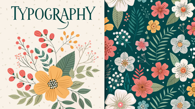 Floral pattern and bouquet illustration with typography design