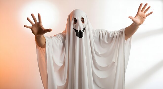 White Sheet Costume Ghost with Arms Raised for a Spooky Celebration