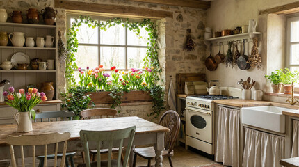 Fototapeta premium Bright Cottage Kitchen Window Box Overflowing with Tulips. Soft daylight wide shot of charming kitchen interior with abundant tulip window box and vintage elements creating homey atmosphere