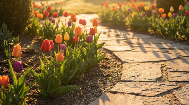 Golden Hour Garden Path Lined with Blooming Tulips. Warm inviting close-up of garden pathway edge with colorful tulips bathed in rich golden sunset light casting long shadows
