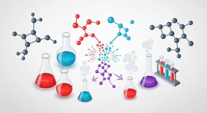 Illustration depicting chemistry concepts with molecules, flasks, and chemical reactions
