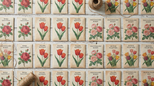 Clean Flat Lay Seed Packets Garden Planning Spring Layout. Organized overhead arrangement of vintage seed packets for roses and tulips with garden twine on clean white wooden surface