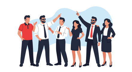 Fototapeta premium Group of diverse business people in professional clothing pointing and looking towards a common direction.