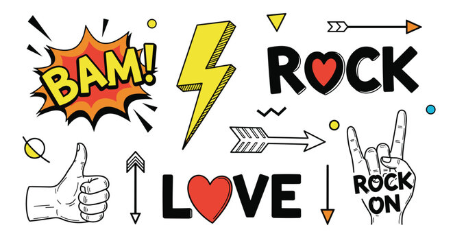 Pop art sticker set featuring bam explosion, lightning bolt, rock on hand gesture, and love heart icons.