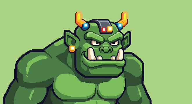 Pixel art character portrait of a green orc with golden horns, earrings, and glowing head components.