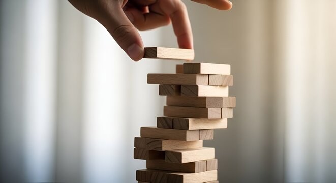 Hand placing wooden block on unstable tower, risk and strategy concept