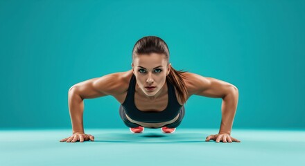 Fototapeta premium Fitness woman performing push up exercise, strong athletic body and focused expression, active workout moment, strength training routine, healthy lifestyle concept, clean studio background 