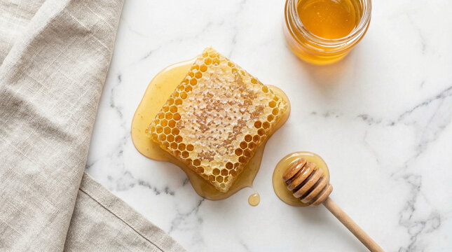 Minimalist Honeycomb Pattern with Fresh Honey Flat Lay. Overhead view of geometric honeycomb section on white marble surface, golden honey dripping, wooden dipper, clean modern styling