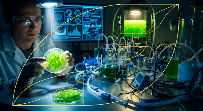 Scientist working with green petri dish.