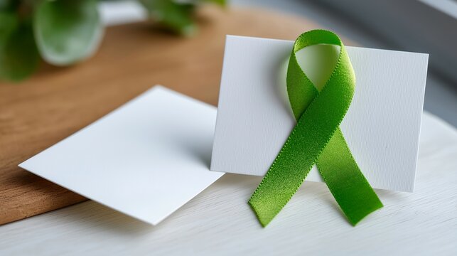 A mental health awareness green ribbon pin lies beside a small white card on a clean white surface, soft natural window light falls across both objects in a minimal still life, perfect for Mental