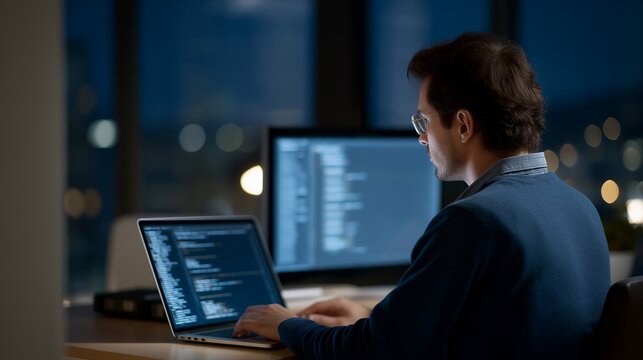 A single forensic analyst in a darkened reverse engineering lab uses a hardware debugger connected to a stripped-down laptop, monochrome code scrolls across an adjacent monitor, perfect for malware
