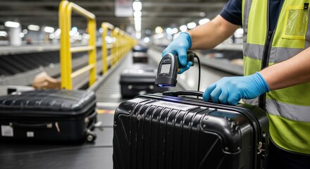Airport ground staff routing one suitcase through scan point illustrates baggage handling process, sorting efficiency and practical aviation operations in action.