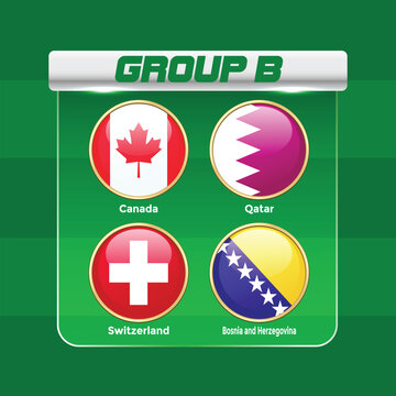 2026 World Football Tournament Group B Draw Infographic with National Teams Flags and  International Soccer Championship Table Template. Canada, Bosnia, Qatar, and Switzerland