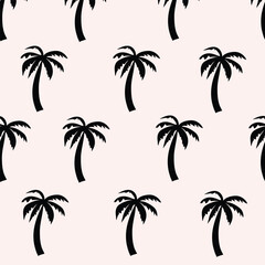 Fototapeta premium Tropical palm tree illustration in black silhouette on blush pink background, seamless pattern for textile print for fabric