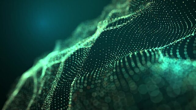 Wave of streaming particles on a light blue background. Abstract background with dynamic of waves and dots. 3d.