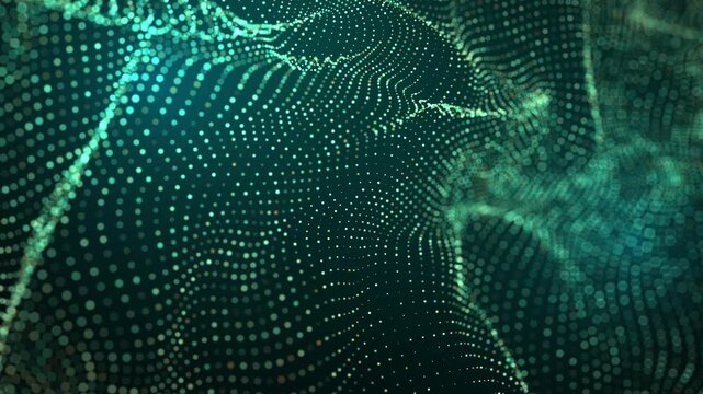 Wave of streaming particles on a light blue background. Abstract background with dynamic of waves and dots. 3d.