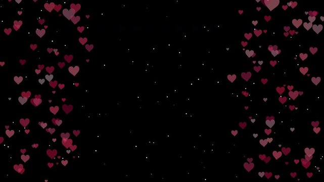 Valentines day falling pink hearts black background copy space