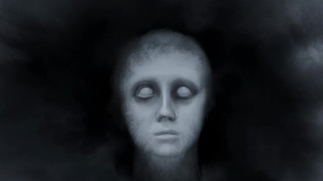 Slow motion reveal of floating ghostly head dissolving from dark mist against black studio background in monochrome expressionless portrait