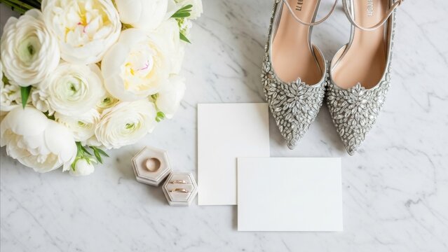 Wedding - Bridal Details Flatlay with Crystal Heels Bouquet Wedding Rings and Blank Invitation Cards on Marble