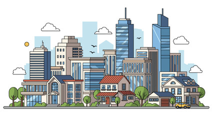 Fototapeta premium Detailed urban city landscape featuring a mix of modern skyscrapers, commercial buildings, residential houses, and green city parks.