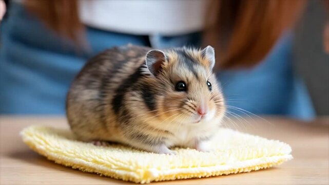 Woman petting a hamster on a yellow cloth. Human hands gently touching a small rodent. Domestic pet care and animal interaction as close up animal hobby concept.