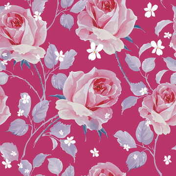 Title (around 150 characters):
Romantic pink rose floral seamless pattern for textile print on fabric and wallpaper, hand-painted flowers with purple leaves on magenta background
