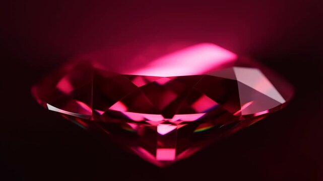 Slow motion tracking shot of faceted ruby rotating and reflecting light on dark studio background