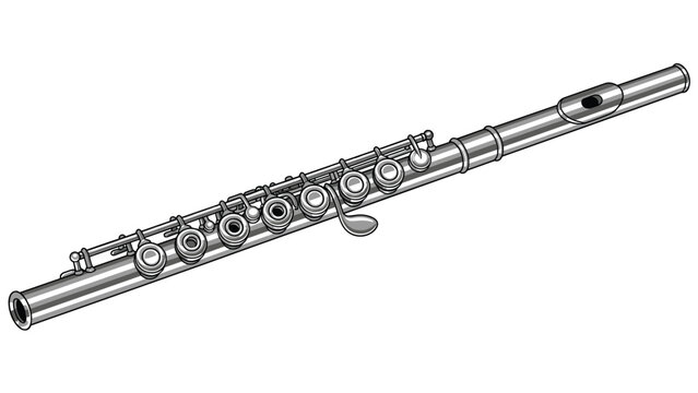 Silver concert flute displayed diagonally against a plain white background showing intricate keys and polished metallic finish.