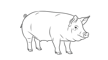 Fototapeta premium Simple black and white line drawing of a large domestic pig standing viewed from the side on a clean white background.