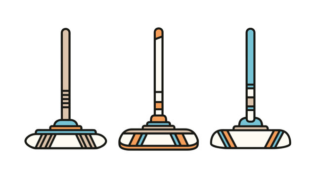Three different styles of floor mops for household cleaning displayed in a row with various handle and head designs for chores.