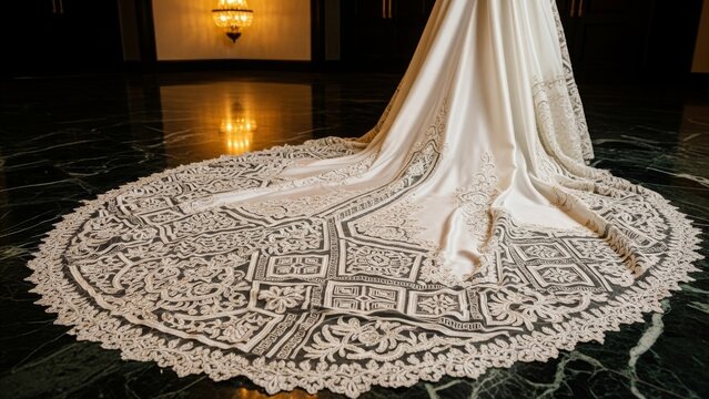 Wedding - Elegant Bridal Gown Cathedral Train with Intricate Lace Embroidery Spread on Dark Marble Floor