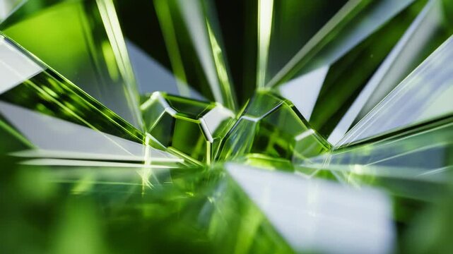 Tracking shot dolly of green crystal shards reflecting and refracting light with slow zoom macro close up in studio interior