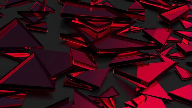 Slow motion macro tracking shot of red glass shards scattering and sliding across dark matte surface in studio setting