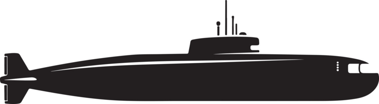 Black submarine silhouette, naval vessel icon, military boat, underwater vehicle