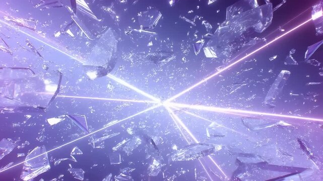 Tracking shot slow motion of glass shards exploding with laser beams and floating fragments in cosmic digital void with neon purple and pink lighting