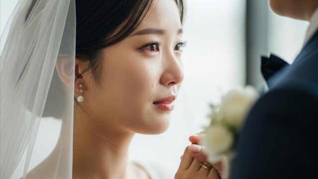 Wedding - Emotional Asian Bride Shedding Tears While Holding Groom Hand During Ceremony with Veil and Pearl Earring