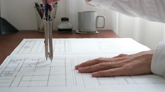 建築士が製図作業を行う手元　コンパスを使った建築設計図の作成 An architect working on a drawing	