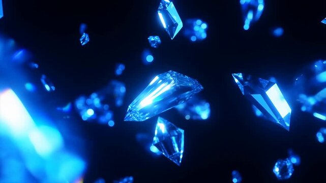Slow motion close up of floating blue crystal shards drifting and rotating in dark studio void with glowing reflective facets